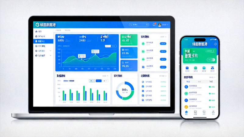 绿茵数据港平台在笔记本电脑和手机上的显示界面截图