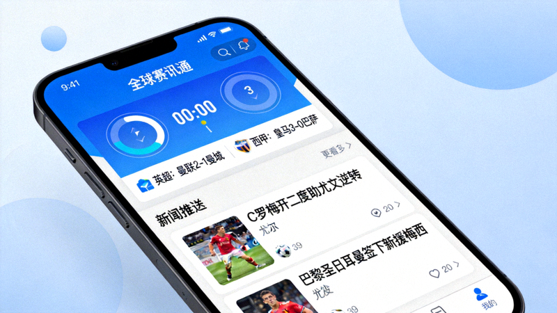 全球赛讯通手机应用界面，展示实时比分和新闻推送